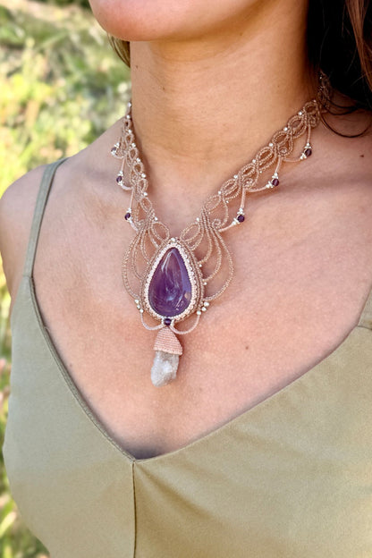 Handmade Ametrine and Cactus Quartz, Statement V- Shaped Necklace