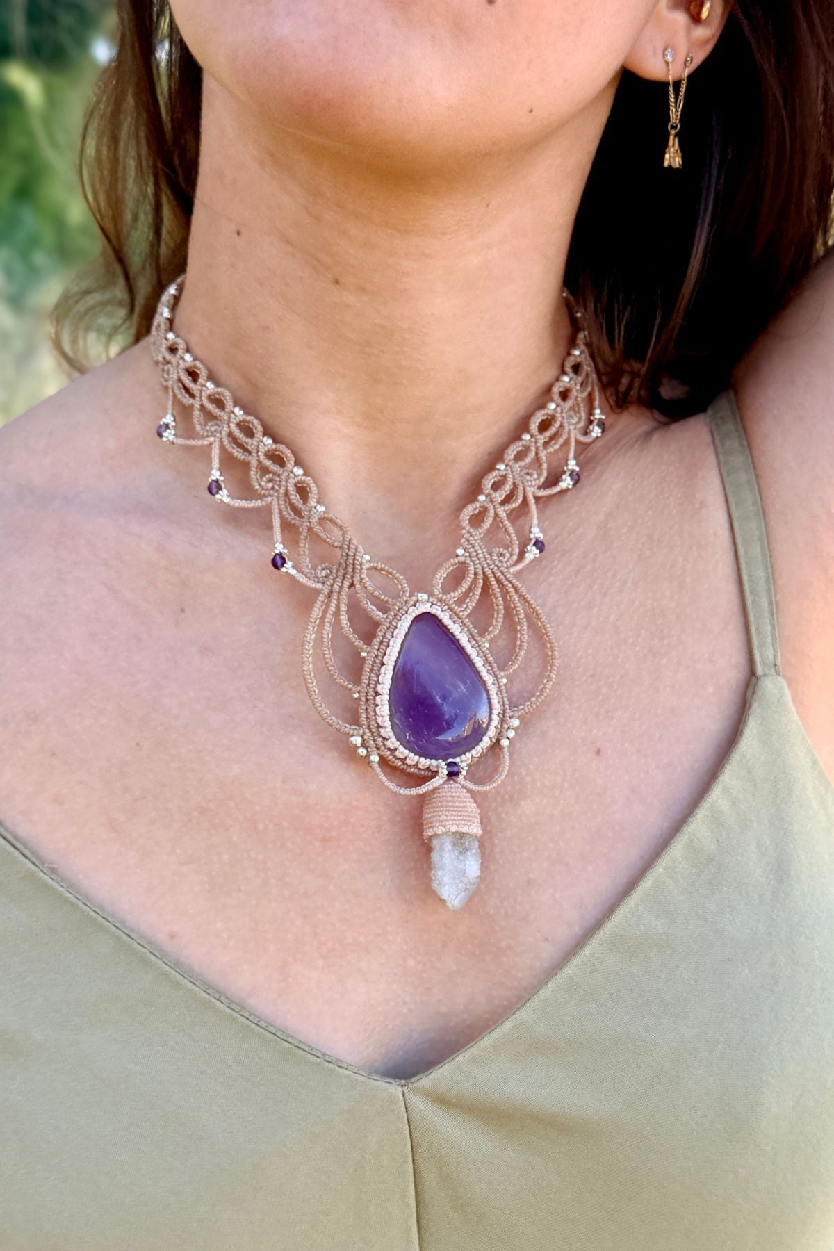Handmade Ametrine and Cactus Quartz, Statement V- Shaped Necklace