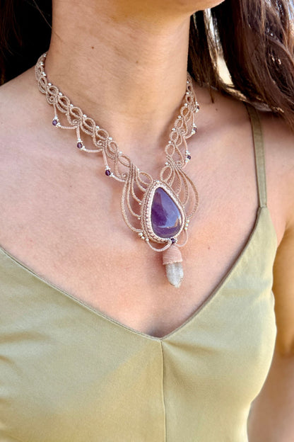 Handmade Ametrine and Cactus Quartz, Statement V- Shaped Necklace