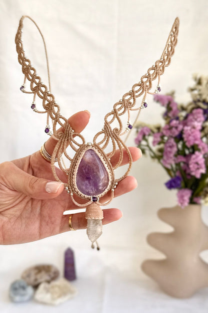 Handmade Ametrine and Cactus Quartz, Statement V- Shaped Necklace