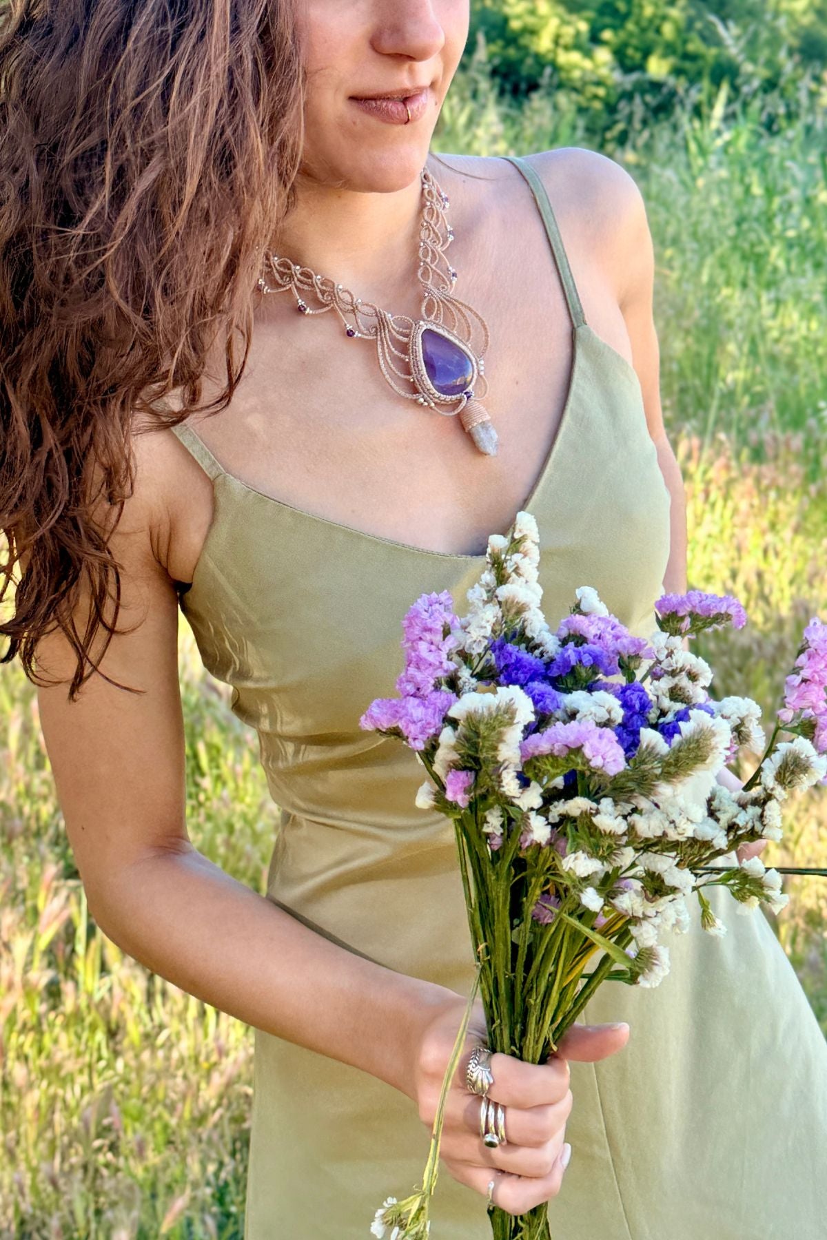 Handmade Ametrine and Cactus Quartz, Statement V- Shaped Necklace