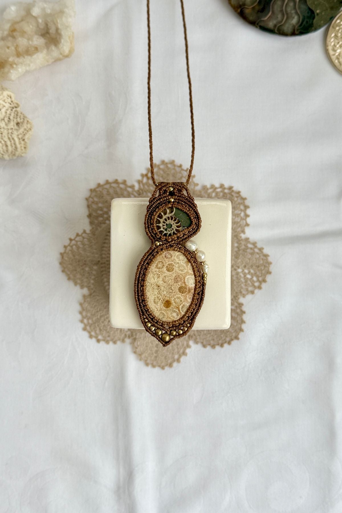 Rare sliced ammonite and fossil coral statement necklace with freshwater pearls, ocean inspired one of a kind jewelry.