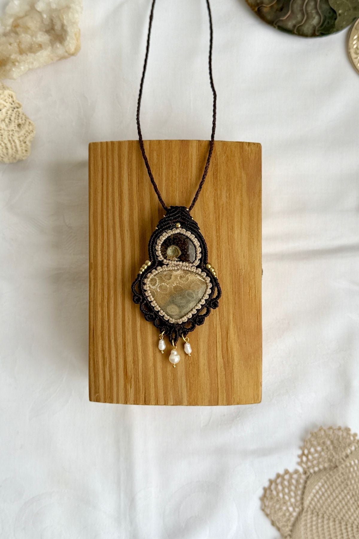 Unique ammonite and fossil coral statement necklace with freshwater pearls, ocean inspired one of a kind jewelry