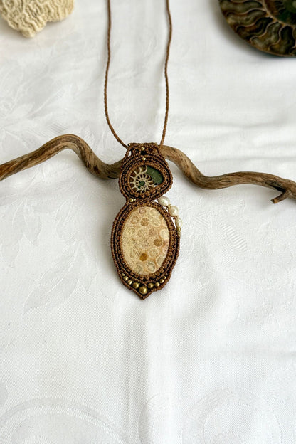 One of a kind ammonite fossil and coral necklace with pearls, bold ocean inspired statement piece.