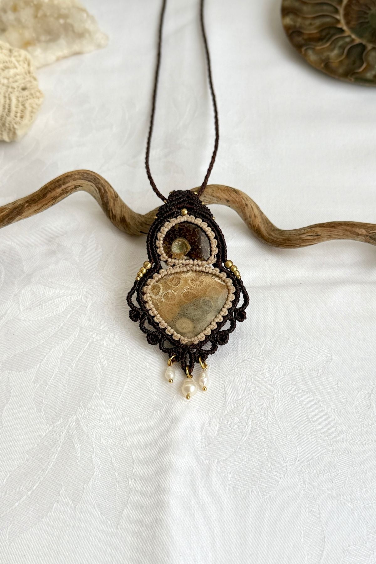 One of a kind ammonite fossil and coral necklace with pearls, bold ocean inspired statement piece