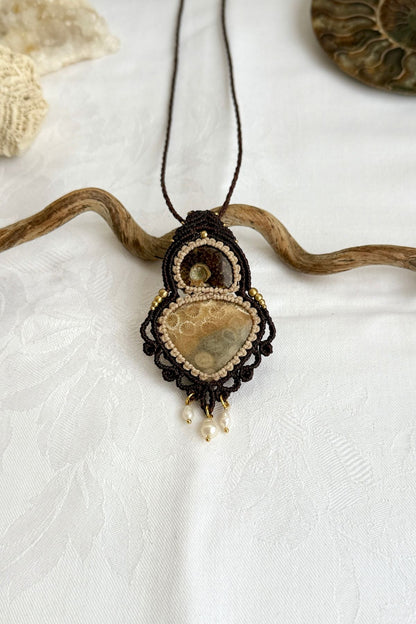 One of a kind ammonite fossil and coral necklace with pearls, bold ocean inspired statement piece