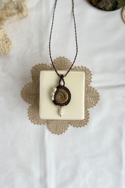 Raw ammonite with freshwater pearls, elegant one of a kind jewelry