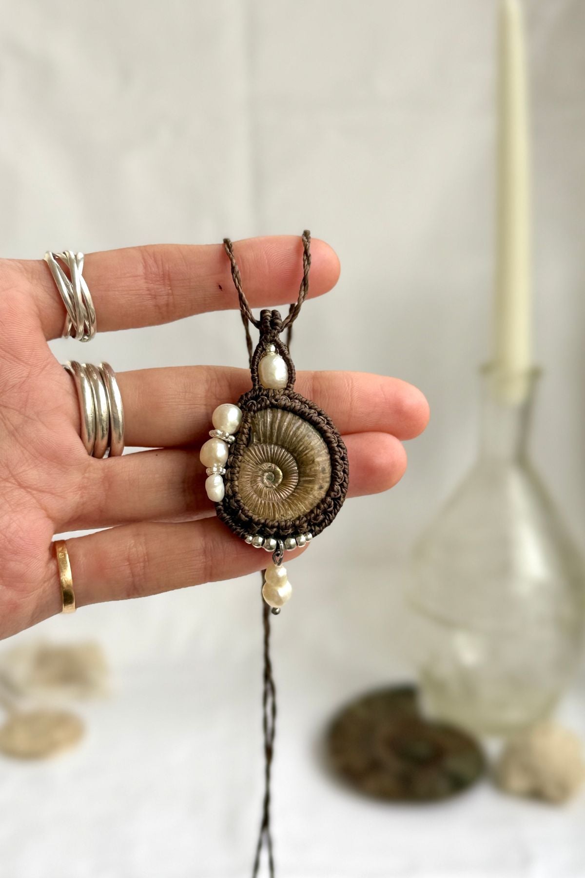 Raw ammonite statement necklace with freshwater pearls, ocean inspired one of a kind jewelry