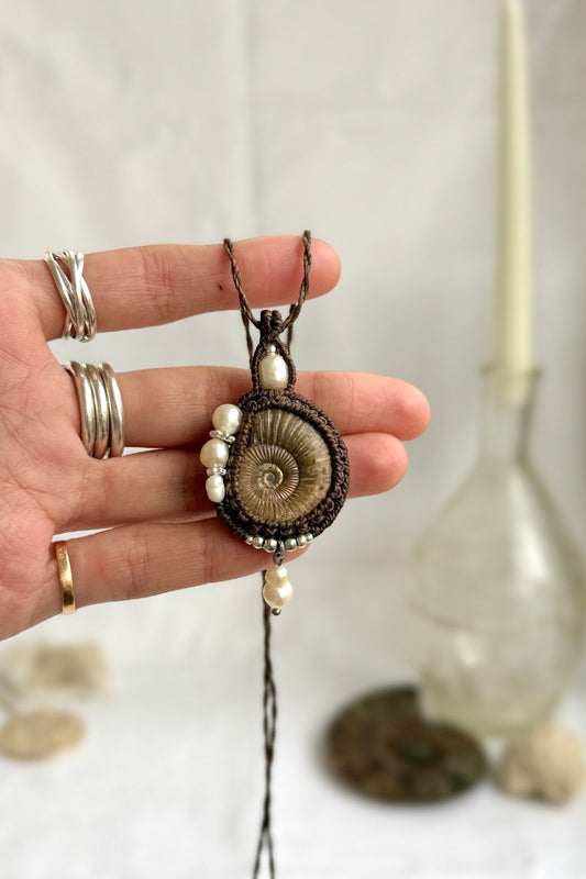 Raw ammonite statement necklace with freshwater pearls, ocean inspired one of a kind jewelry