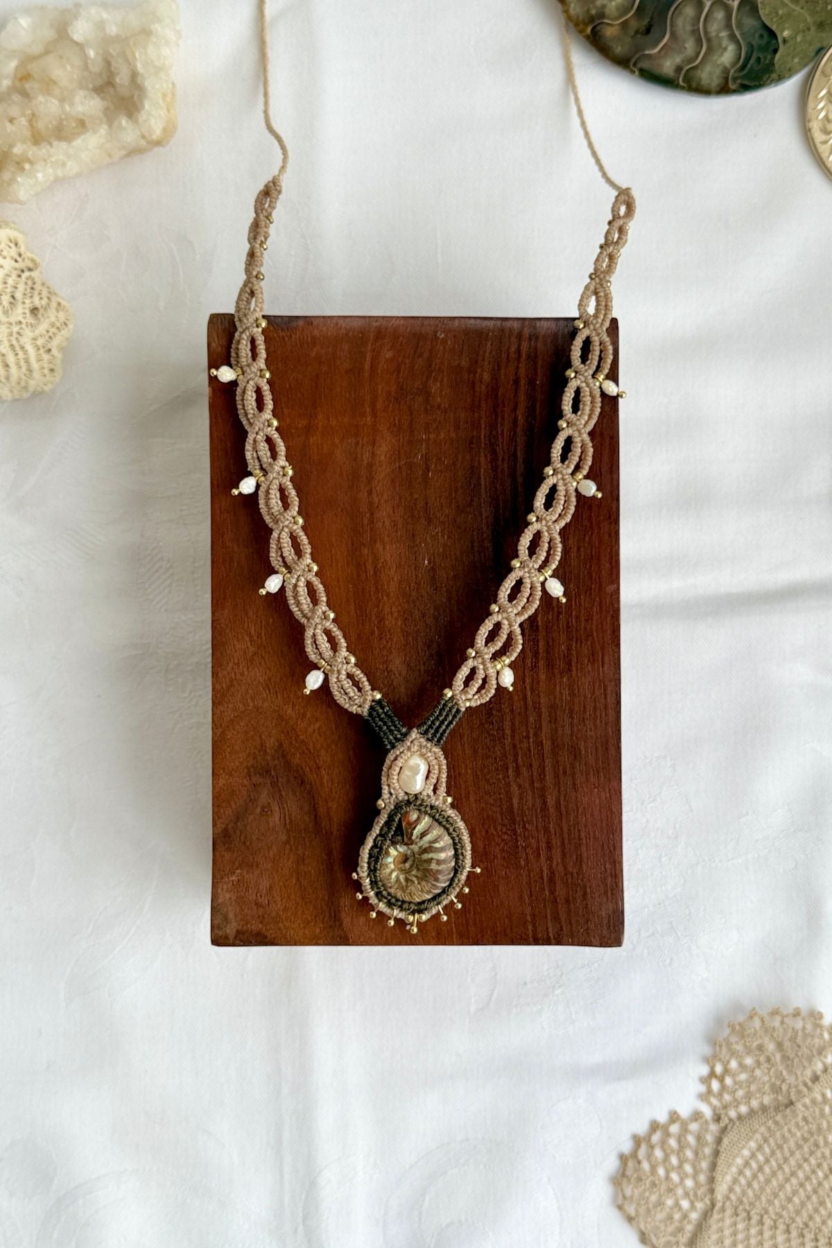 Iridescent ammonite fossil necklace with freshwater pearls, one of a kind ocean inspired statement jewelry