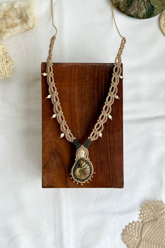 Iridescent ammonite fossil necklace with freshwater pearls, one of a kind ocean inspired statement jewelry