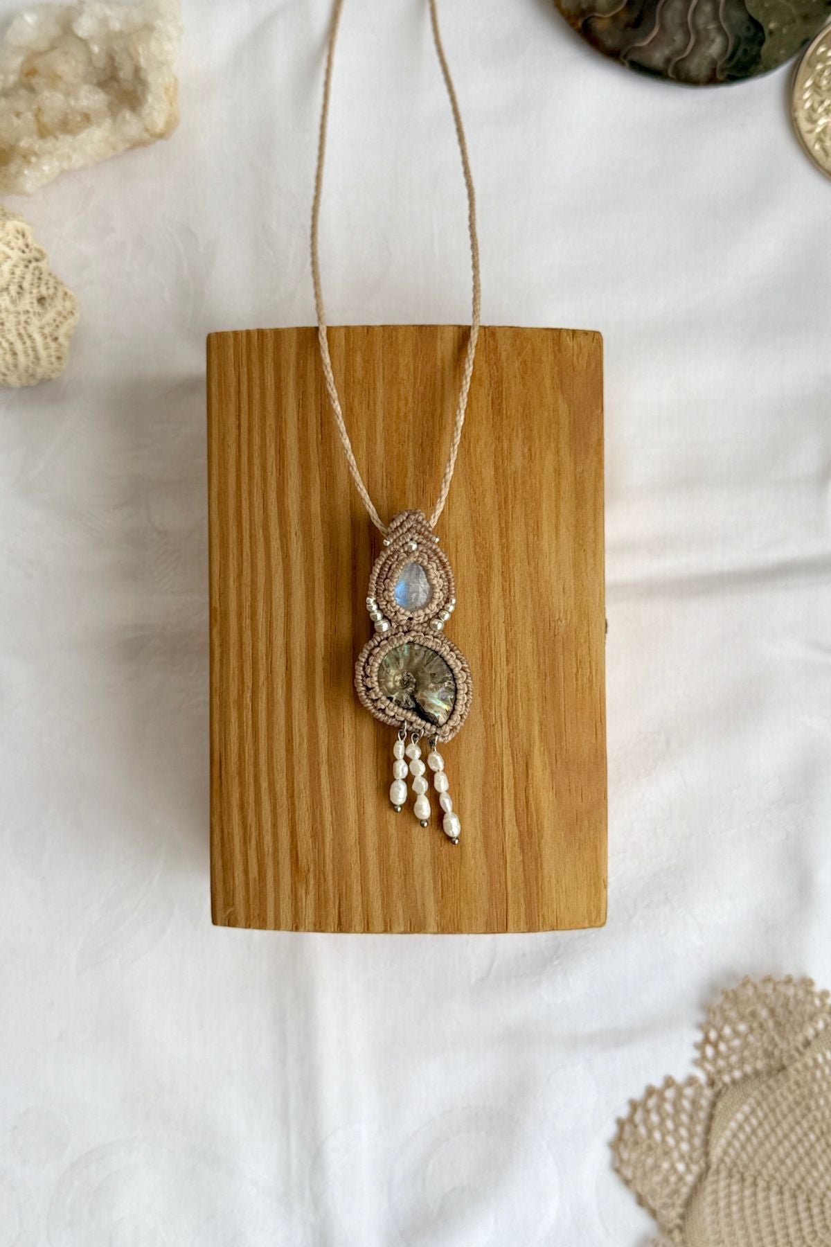 Opalized ammonite fossil necklace with moonstone gemstone and freshwater pearls, one of a kind ocean jewelry