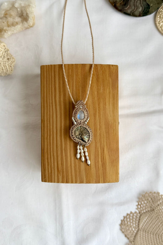Opalized ammonite fossil necklace with moonstone gemstone and freshwater pearls, one of a kind ocean jewelry