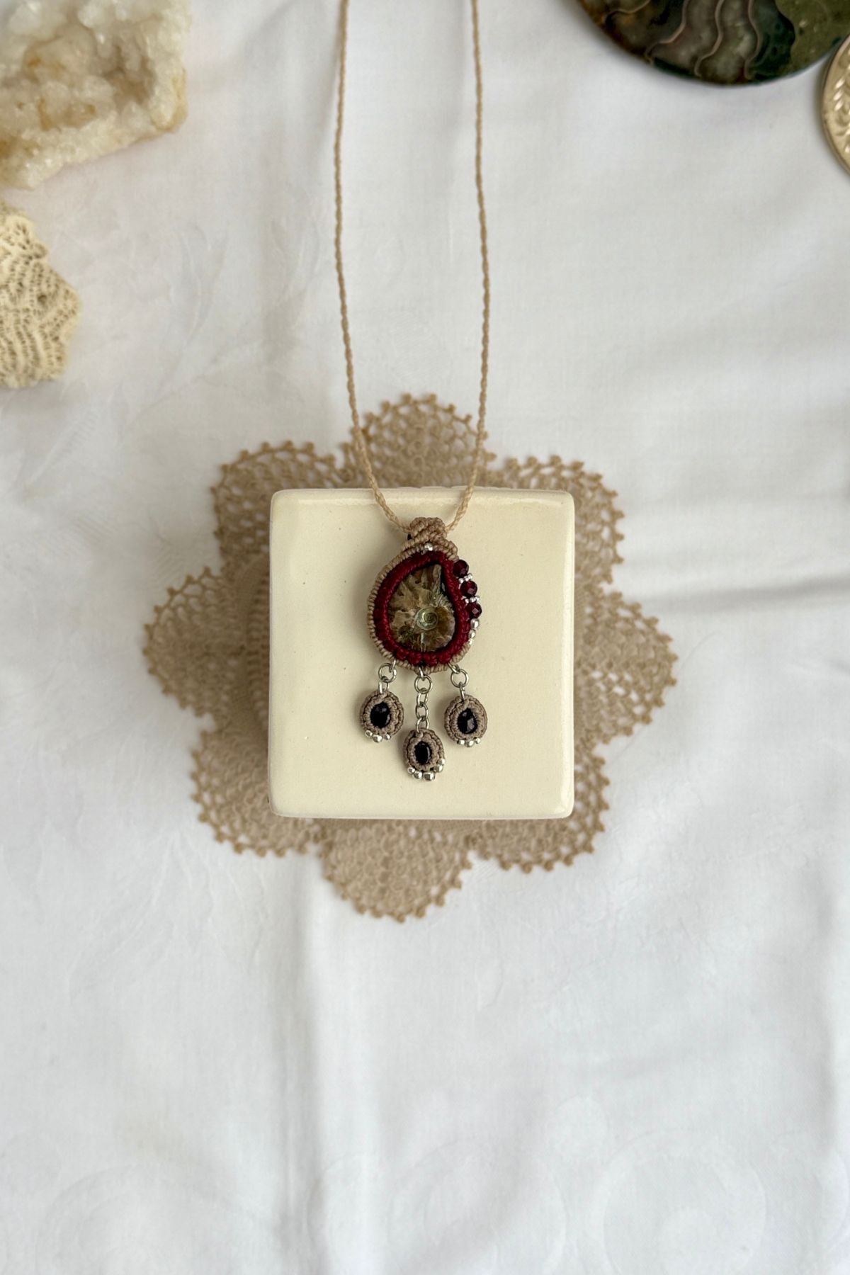 Iridescent ammonite fossil necklace with garnet drops, delicate one of a kind fossil jewelry