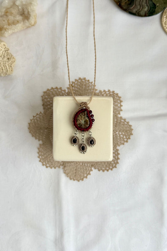 Iridescent ammonite fossil necklace with garnet drops, delicate one of a kind fossil jewelry