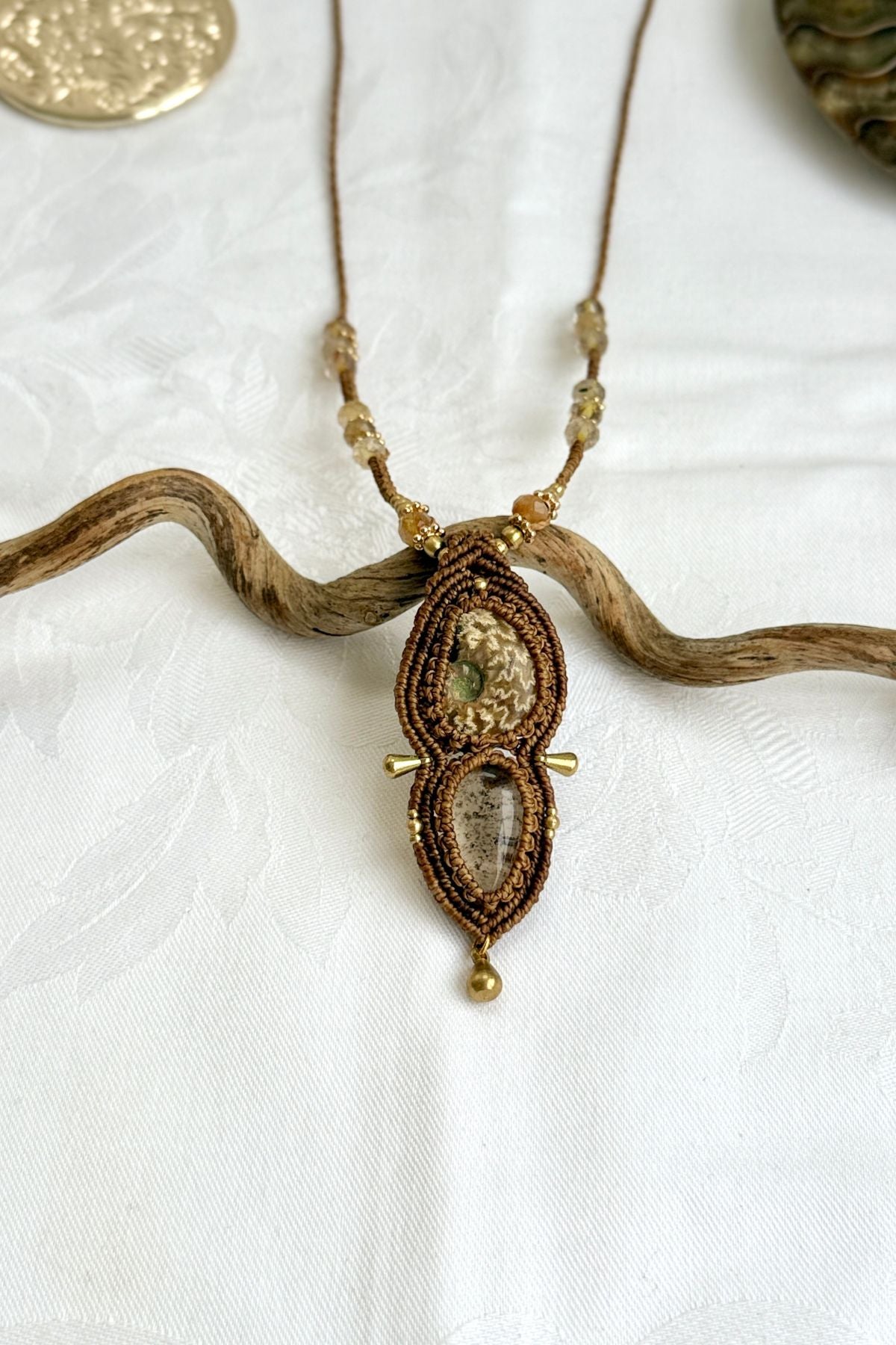 Rare ammonite and lodolite necklace with elegant rutilated quartz beads, ocean inspired statement jewelry