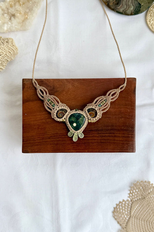 Ocean jasper necklace with split ammonite fossils, green tourmaline beads and prehnite drops, one of a kind statement jewelry