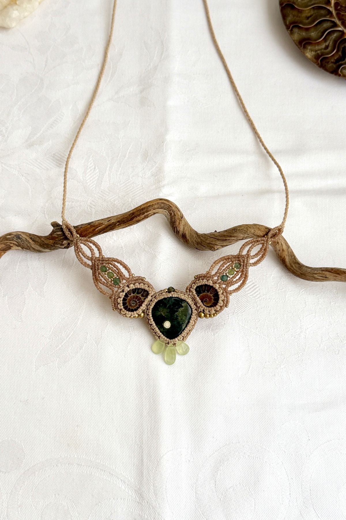 V-shaped ocean jasper and ammonite necklace with green tourmaline and prehnite accents, unique artisan jewelry