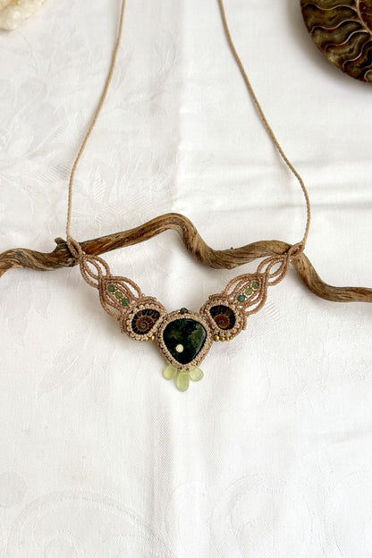 V-shaped ocean jasper and ammonite necklace with green tourmaline and prehnite accents, unique artisan jewelry