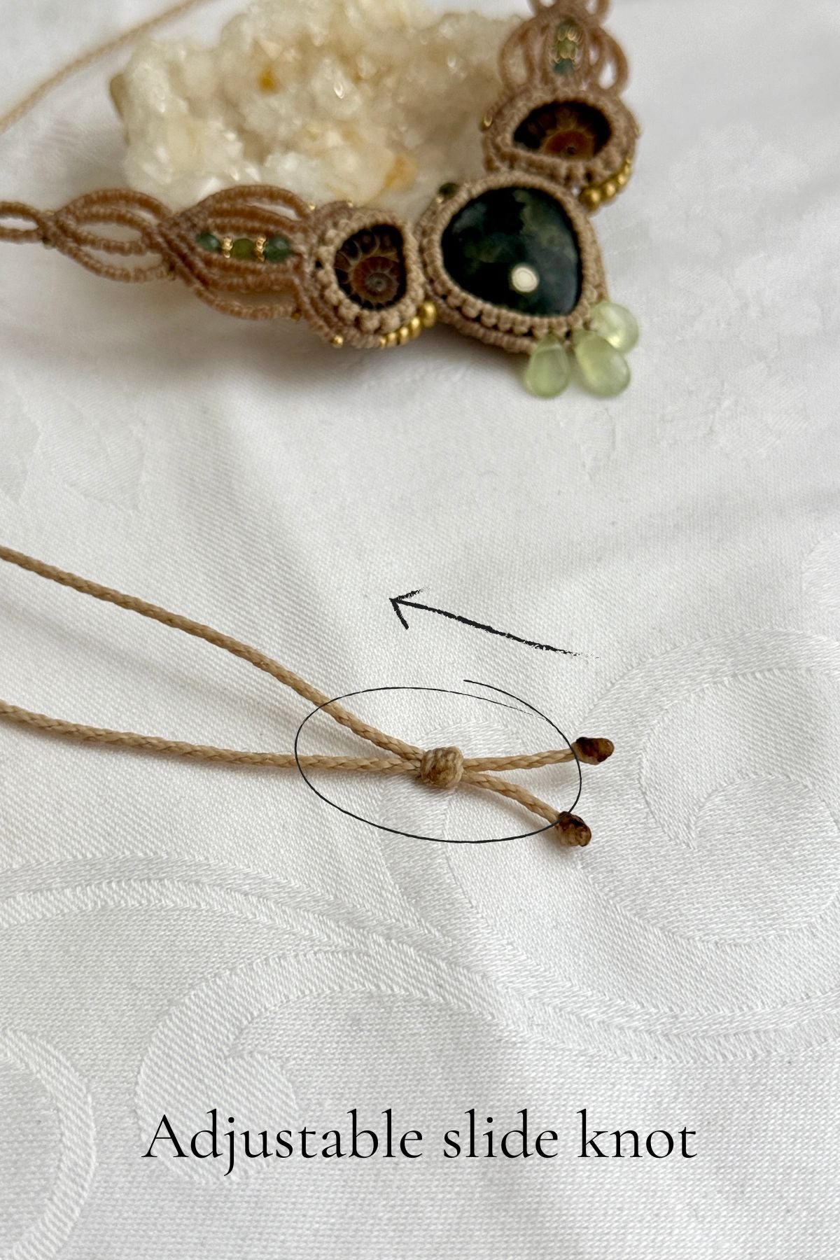 Adjustable sliding knot closure on ocean jasper and ammonite necklace with green tourmaline and prehnite details