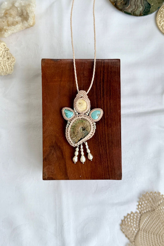 Opalized ammonite fossil necklace with larimar gemstones, operculum detail and freshwater pearls, one of a kind ocean jewelry
