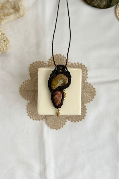 Opalized ammonite pendant necklace with sparkling sunstone and asymmetric bead detail, one of a kind statement jewelry