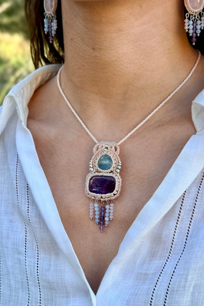 Handmade Aquamarine and Amethyst Pendant Necklace with Cascading Crystal Beads