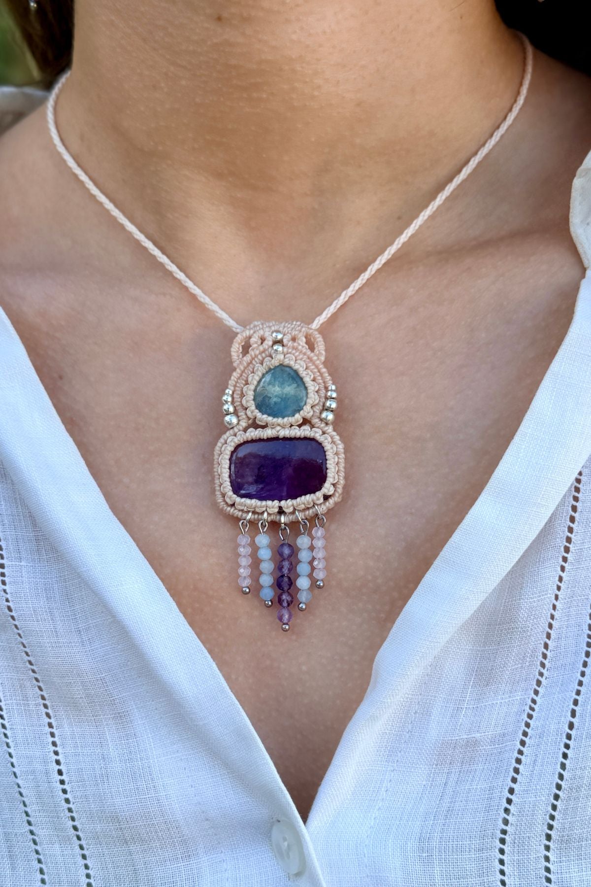 Handmade Aquamarine and Amethyst Pendant Necklace with Cascading Crystal Beads