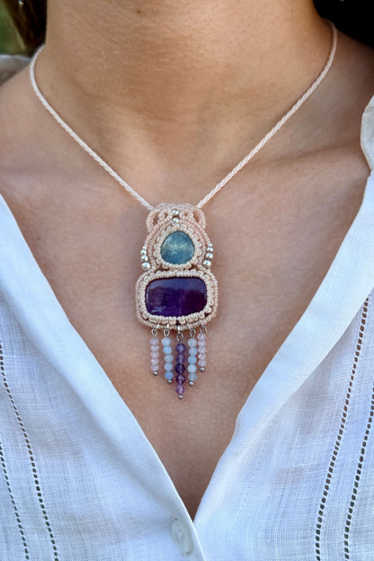 Handmade Aquamarine and Amethyst Pendant Necklace with Cascading Crystal Beads
