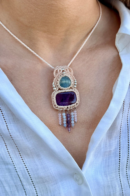 Handmade Aquamarine and Amethyst Pendant Necklace with Cascading Crystal Beads