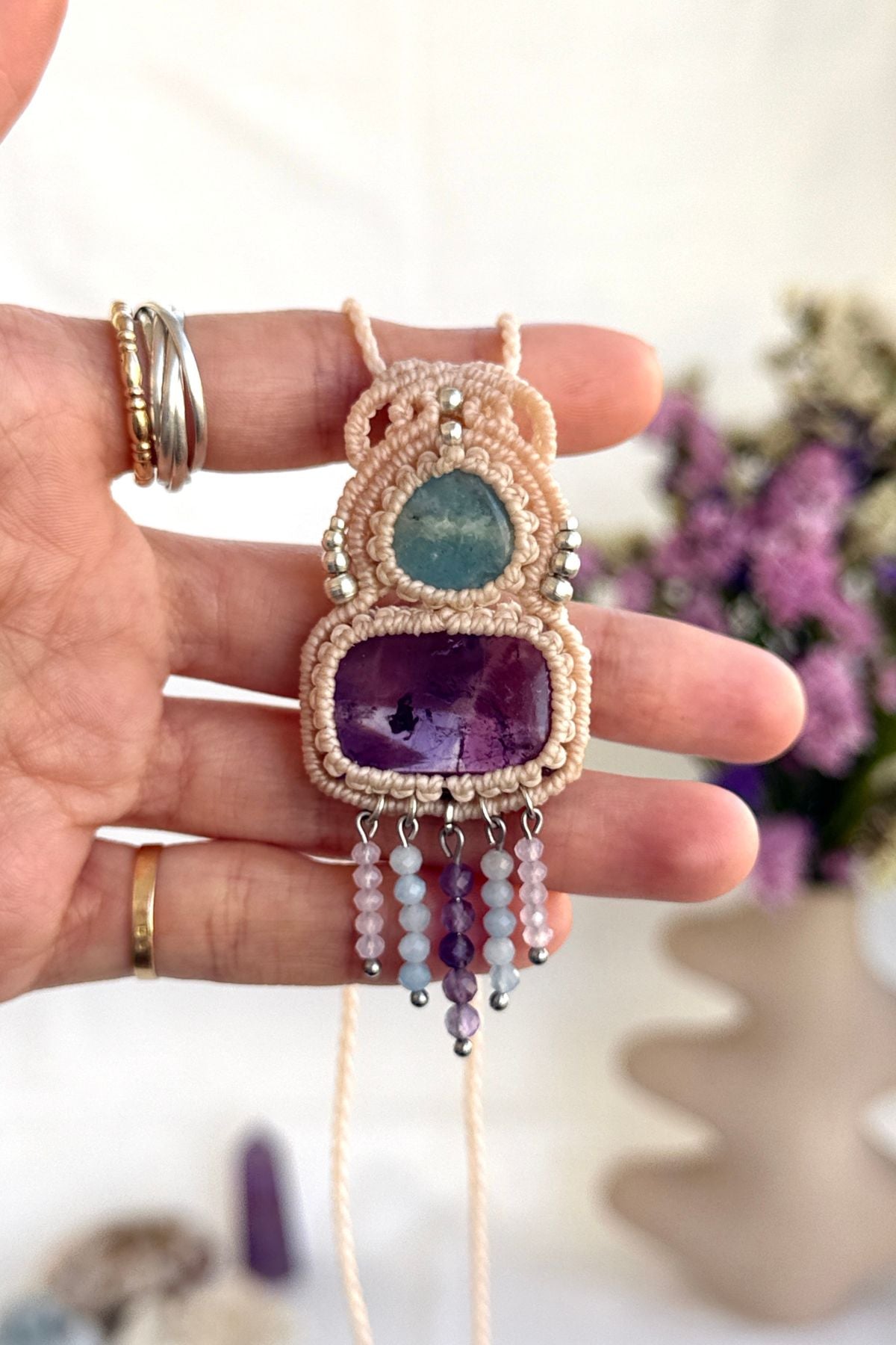 Handmade Aquamarine and Amethyst Pendant Necklace with Cascading Crystal Beads