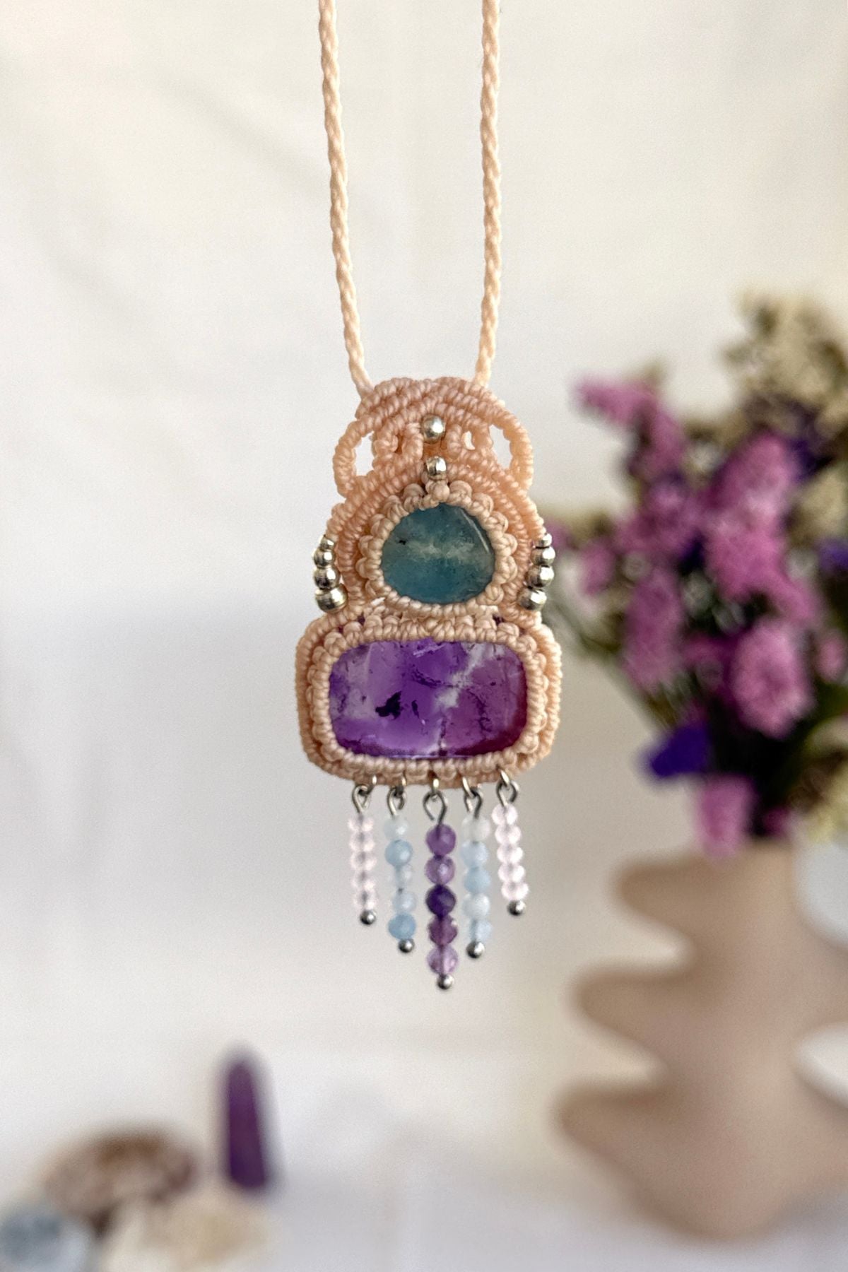Handmade Aquamarine and Amethyst Pendant Necklace with Cascading Crystal Beads