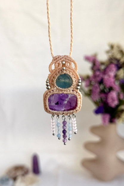 Handmade Aquamarine and Amethyst Pendant Necklace with Cascading Crystal Beads