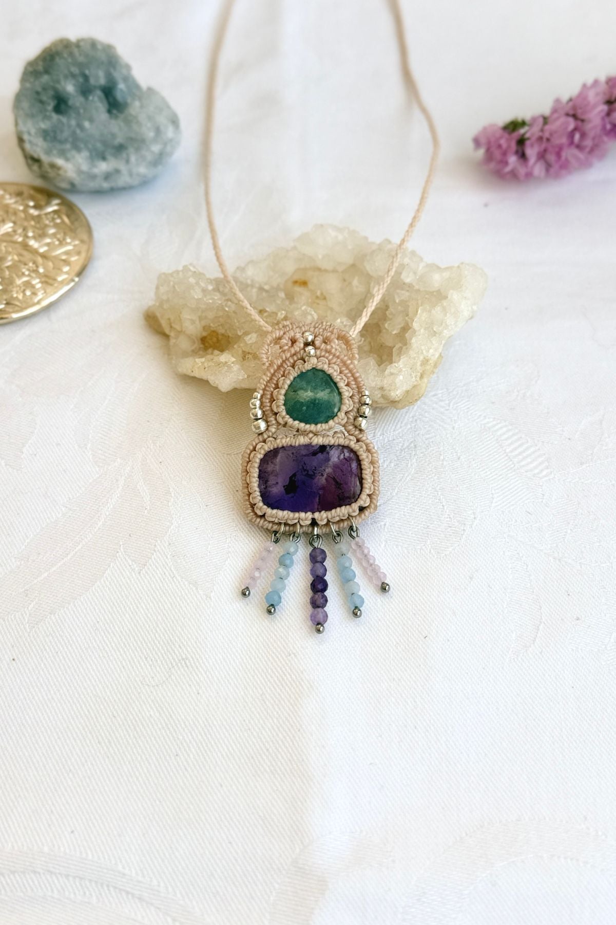Handmade Aquamarine and Amethyst Pendant Necklace with Cascading Crystal Beads