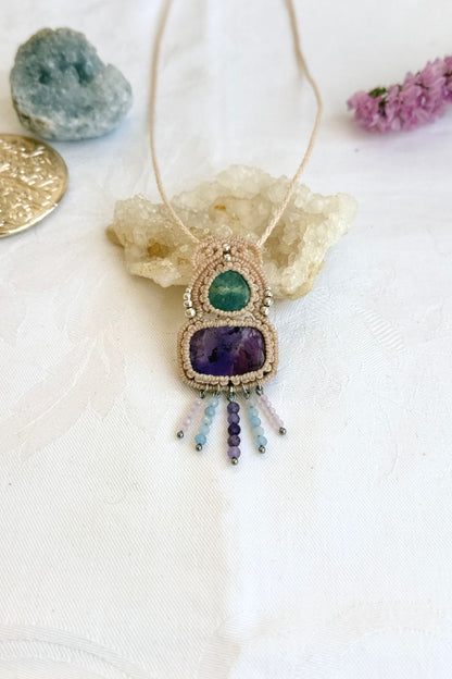 Handmade Aquamarine and Amethyst Pendant Necklace with Cascading Crystal Beads
