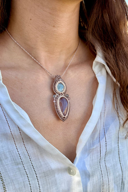 Handmade Aquamarine and Ametrine Pendant Necklace with Gemstone Details