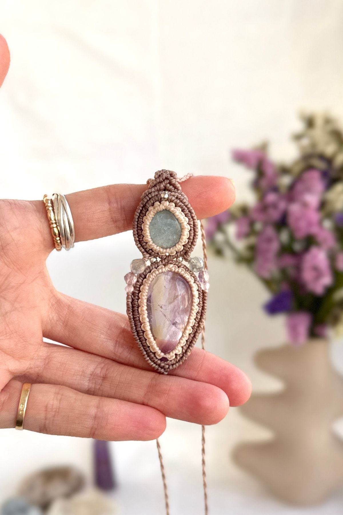 Handmade Aquamarine and Ametrine Pendant Necklace with Gemstone Details