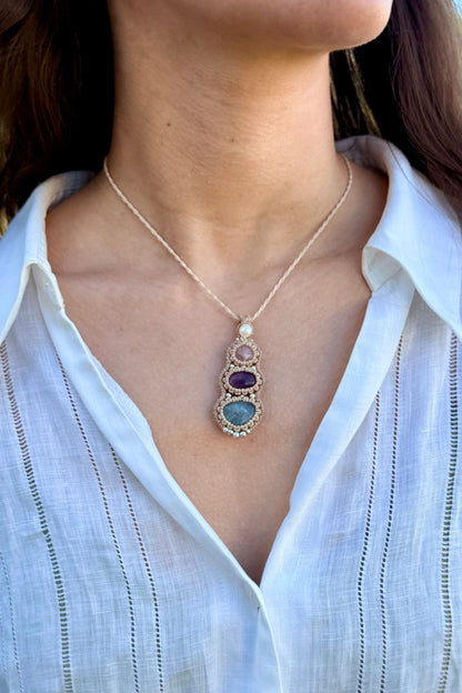 Handmade Minimal Triple Gemstone Pendant Necklace with Pearl, Rose Quartz, Amethyst and Aquamarine