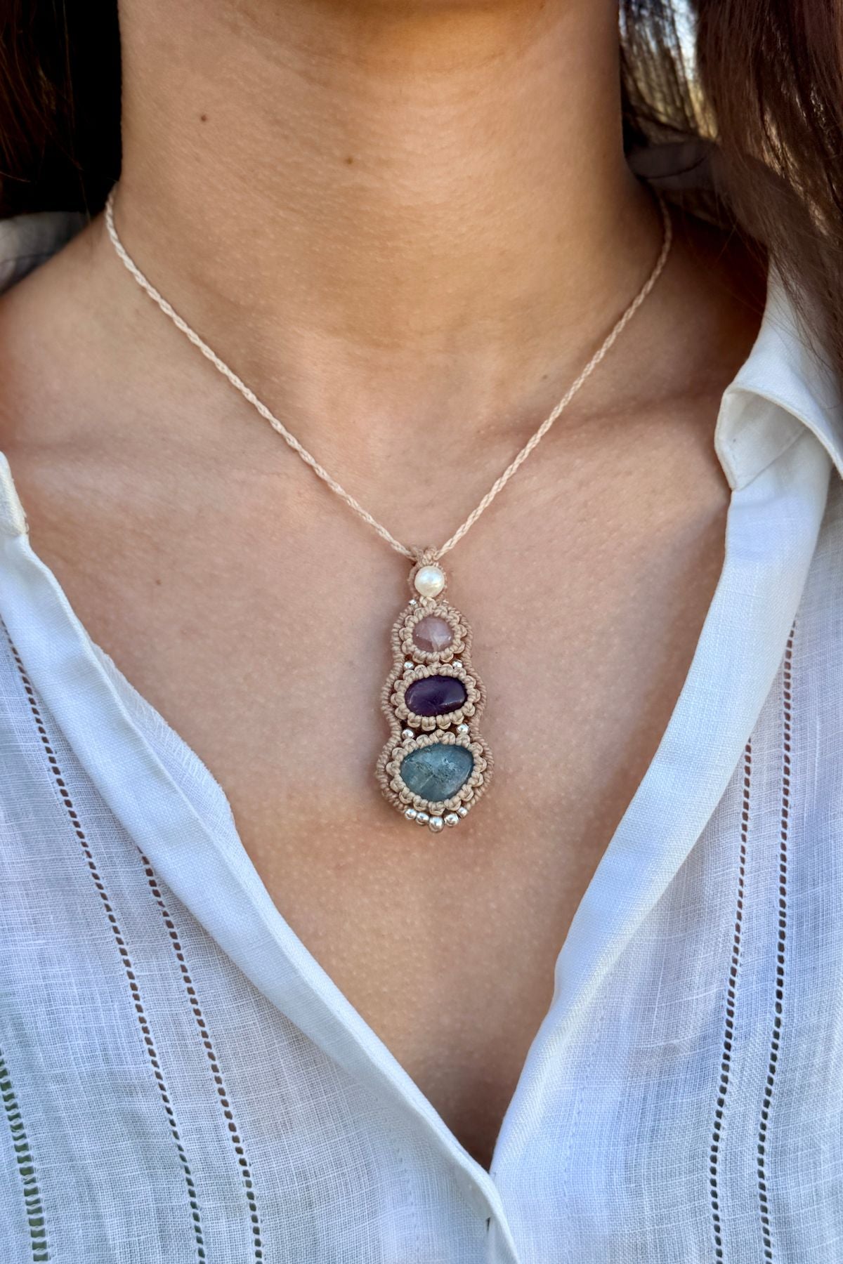 Handmade Minimal Triple Gemstone Pendant Necklace with Pearl, Rose Quartz, Amethyst and Aquamarine
