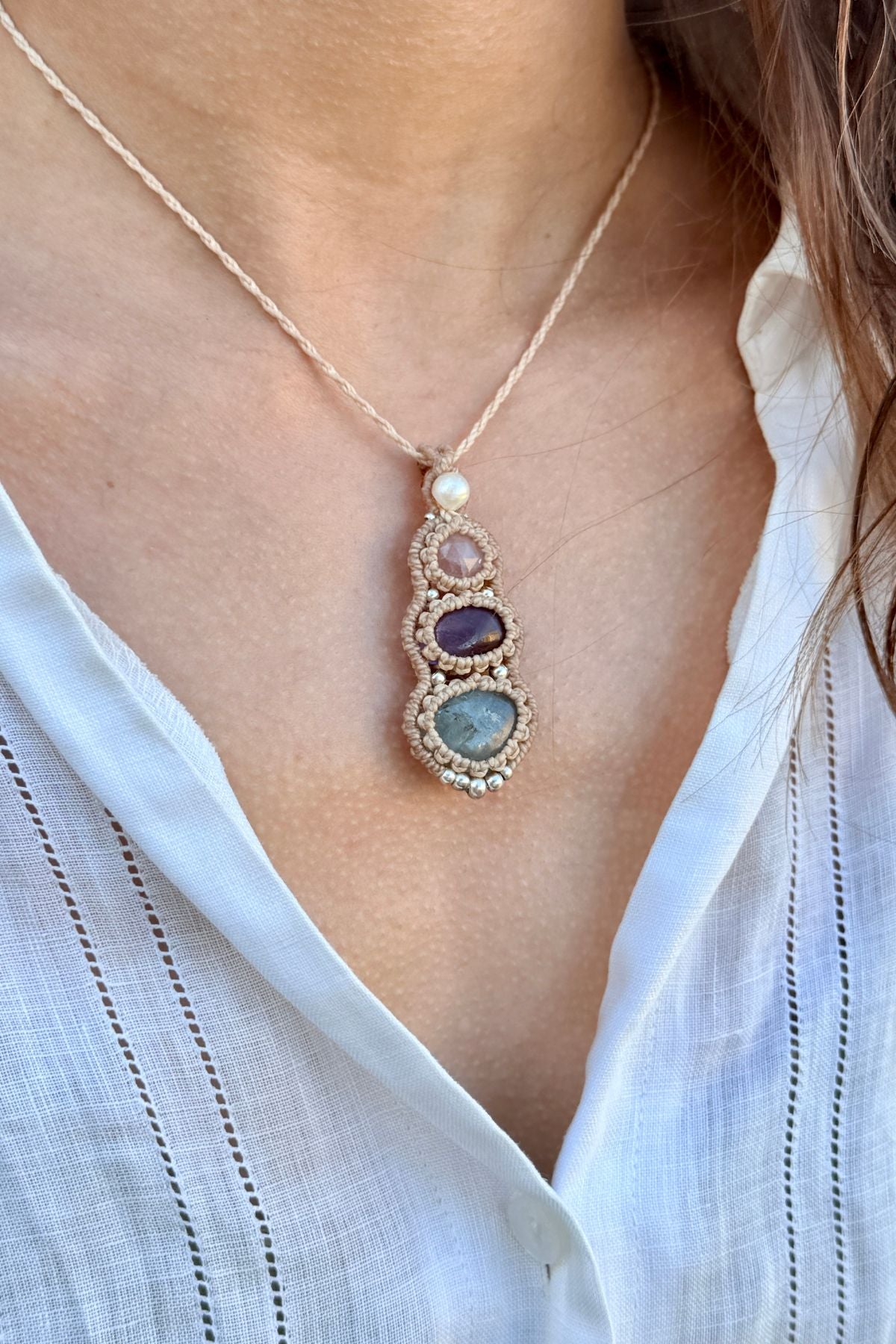 Handmade Minimal Triple Gemstone Pendant Necklace with Pearl, Rose Quartz, Amethyst and Aquamarine