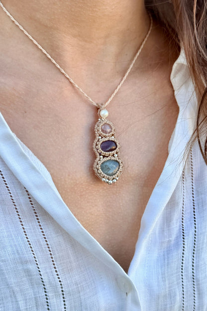 Handmade Minimal Triple Gemstone Pendant Necklace with Pearl, Rose Quartz, Amethyst and Aquamarine