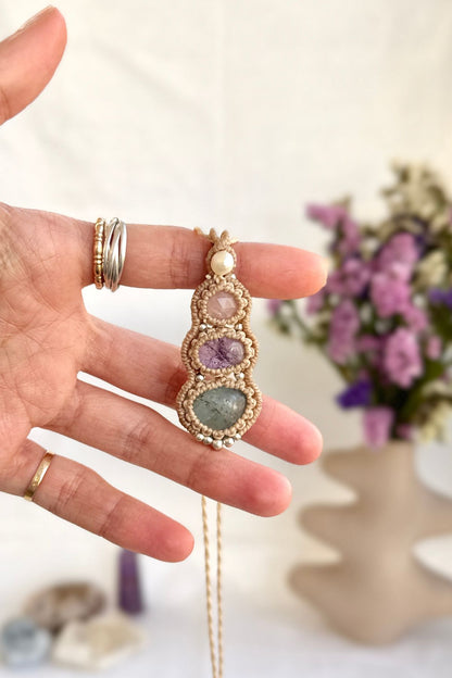Handmade Minimal Triple Gemstone Pendant Necklace with Pearl, Rose Quartz, Amethyst and Aquamarine