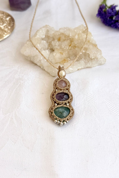 Handmade Minimal Triple Gemstone Pendant Necklace with Pearl, Rose Quartz, Amethyst and Aquamarine