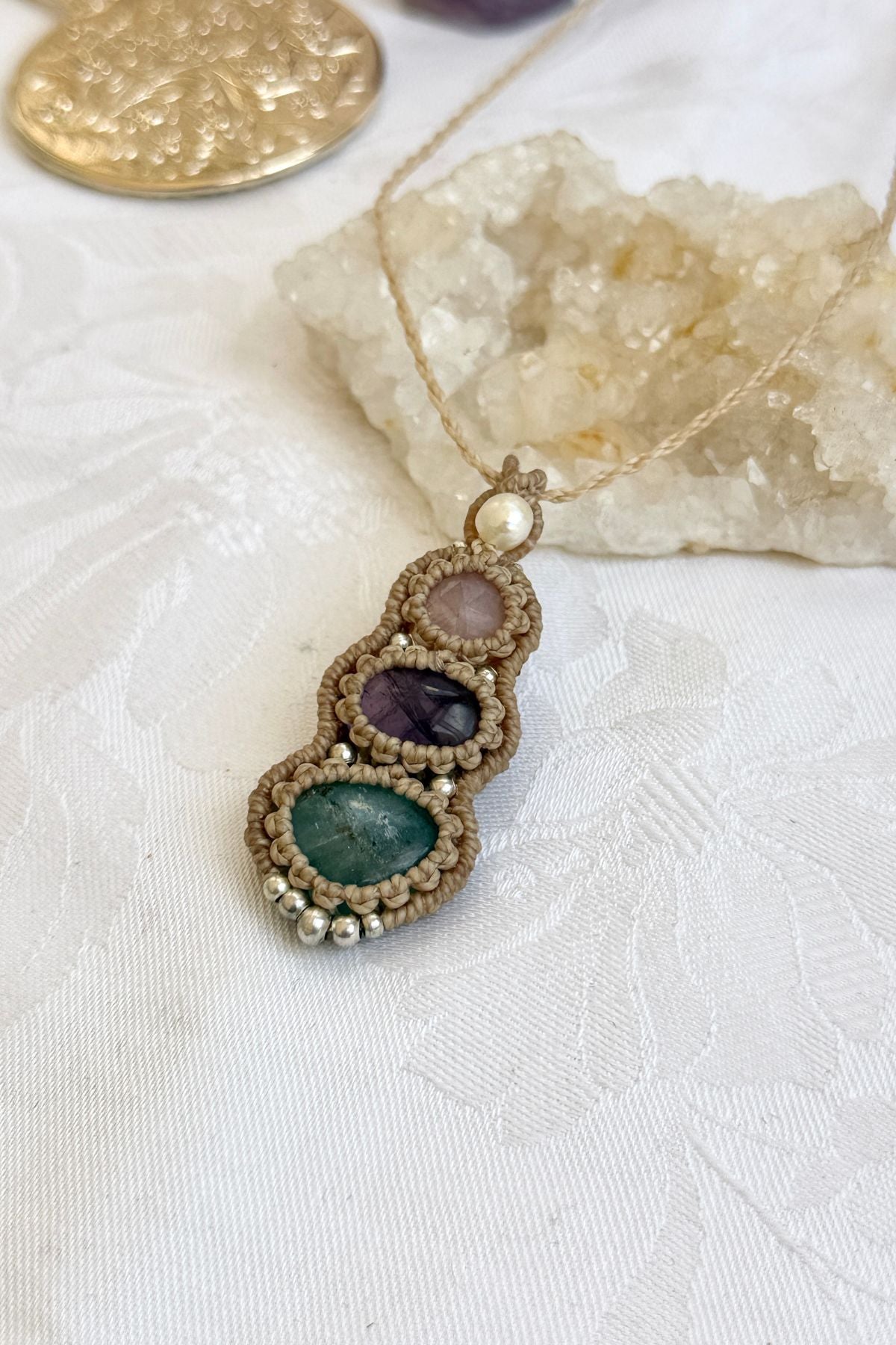 Handmade Minimal Triple Gemstone Pendant Necklace with Pearl, Rose Quartz, Amethyst and Aquamarine