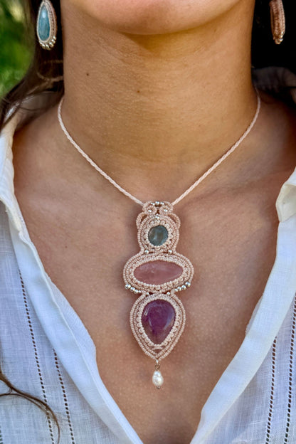 Handmade Aquamarine, Rose Quartz and Ametrine Statement Pendant Necklace with Freshwater Pearl