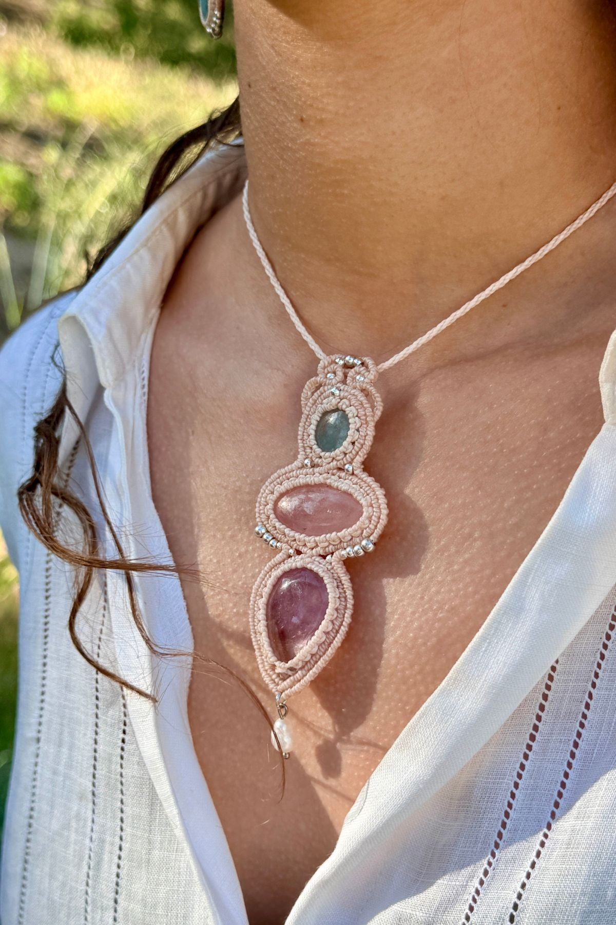 Handmade Aquamarine, Rose Quartz and Ametrine Statement Pendant Necklace with Freshwater Pearl