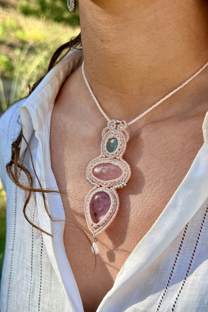 Handmade Aquamarine, Rose Quartz and Ametrine Statement Pendant Necklace with Freshwater Pearl