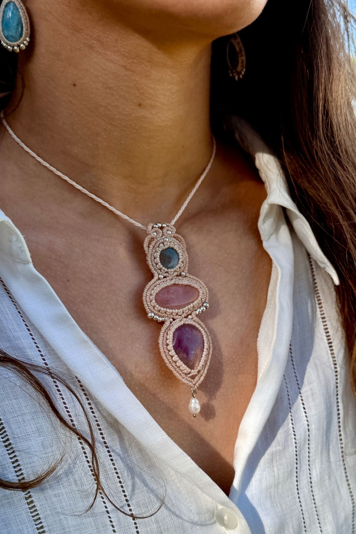 Handmade Aquamarine, Rose Quartz and Ametrine Statement Pendant Necklace with Freshwater Pearl