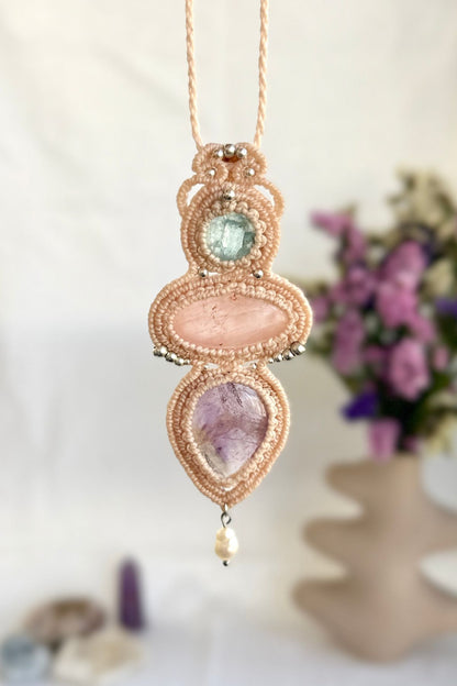 Handmade Aquamarine, Rose Quartz and Ametrine Statement Pendant Necklace with Freshwater Pearl