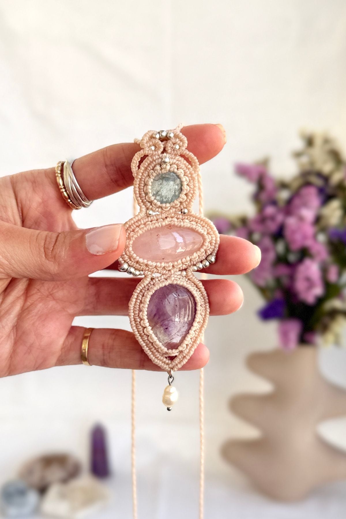 Handmade Aquamarine, Rose Quartz and Ametrine Statement Pendant Necklace with Freshwater Pearl